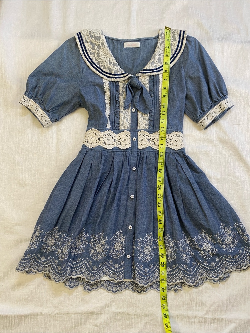 Liz Lisa Blue Chambray Embroidered Lace Sailor Collar Mini Dress XS